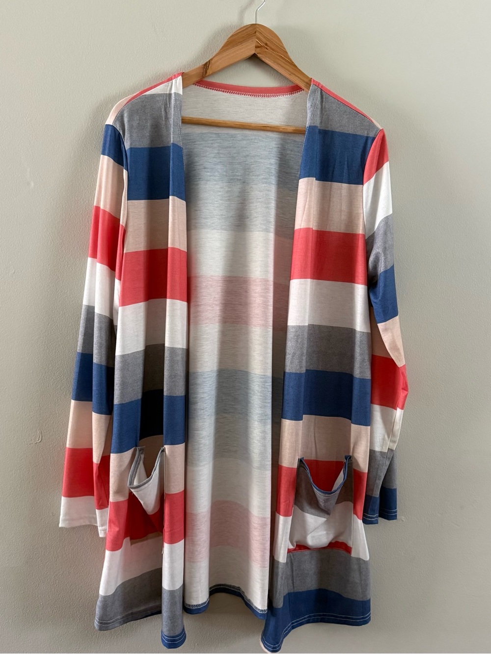 Striped Open-Front Cardigan Sweater - Blue, Coral & Cream - Picture 2 of 9